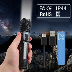 KC 인증 배터리 초강력 LED 손전등 생활방수 충전식 랜턴 줌라이트 후레쉬, 1개, 블랙