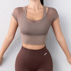 SISI 有胸墊網紗微透膚假兩件短袖圓領顯胸短款貼身露腰上衣T恤 運動瑜珈休閒