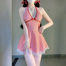 法式復古格子連體裙式泳衣 露背顯瘦甜美溫泉服