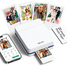 넬코 사진 프린터 PP01 컬러 미니 휴대용 인스턴트 스마트폰 잉크젯 스티커 사진 iOS 및 Android용 충전식 크리스마스 가족용 흰색, While