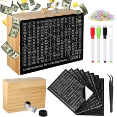 8개의 타겟이 있는 더 큰 10000 저축 챌린지 박스 $500-$10000 현금 금고 나무 돈 절약 카자 드 아호로스 돼지 저금통 재사용 가능한 코인 뱅크 드라이 이레이즈 펜저축, Black, Large