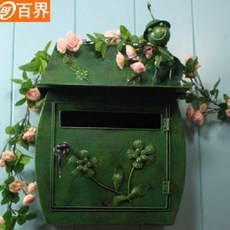 Shark家具 歐式復古別墅信箱 田園壁掛郵筒 鐵藝櫥窗信報箱 防水掛牆古典, 綠色