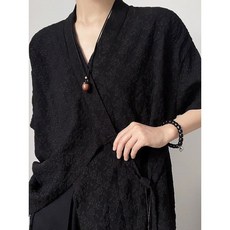 複古夏季飄帶漢服 花卉新中式道袍短袖 提花襯衫 新中式漢服服飾套裝 個性漢服套裝 角色扮演服飾套裝 Cosplay套裝