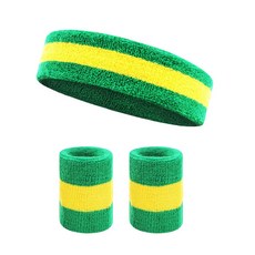 吸汗髮帶護腕運動套裝，跑步健身適用，籃球運動鬆緊頭帶護腕, 1個, 綠黃綠+護腕一對