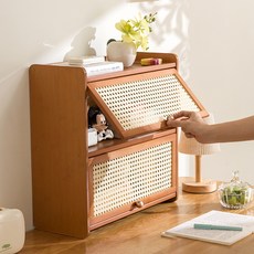 Fowod 다용도 플립업도어 빈티지 천연죽재 주방 거실 화장대 식품선반 수납장, 불투명