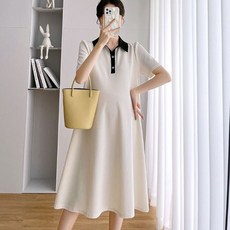부드럽고 베이직한 소재로 편안하게 착용 가능 카라 배색 포인트 단추 임산부 원피스 미디 패션