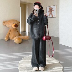 임부복 추동 세트 가을 겨울 임산부 패션 프렌치룩 스웨터 가디건 + 루즈핏 와이드 팬츠 투피스 YHY