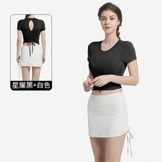 新款鏤空美背瑜伽服短袖女抽繩褶皺運動短裙 高腰健身套裝