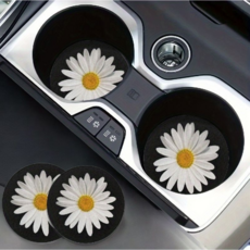 차량용 흡수 매트 플로랄 컵받침 데이지 미끄럼방지 방수 컵홀더 코스터 2P 세트, 2개, 화이트 데이지