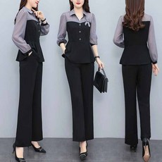 AOKADA 여성 카라 셔츠 블라우스 일자 팬츠 투피스 정장 세트 가을 슈트 오피스룩 하객룩 셋업