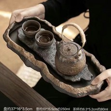 全店精選 粗陶複古鎏金小型功夫茶具幹泡臺泡茶壺承託盤幹泡盤茶臺家用壺承, 套餐一：乾泡盤+文字提樑壺+香韻杯2, 1個