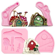 Fairy Garden Door 실리콘 몰드 버섯 집과 엘프 도어 디자인이 있는 4피스 세트 핑크, Fairy Garden Door 실리콘 몰드, 버섯 집