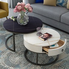 現代簡約圓形巖闆茶幾，小戶型客廳創意石材玻璃組閤茶桌，多功能圓形茶几, 80黑金+60白金-白抽屜黑腳, 1個