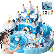 호밍사이 어린이 취미 소꿉장난감 촉감 조화 슬라이드식 얼음 성채 놀이공원 탐험기 여아 꼬마 공주 인형집 사고력 단련 블록 인형 빌라 세트 어린이 생일 선물, 블루 스노우 캐슬(호흡등+음악)