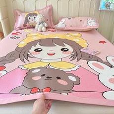 卡通冰絲涼蓆三件套, 幸運一家-粉,90*200cm涼蓆+枕套單隻