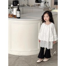 女童長袖襯衫 娃娃衫 泡泡袖 蕾絲透視下擺