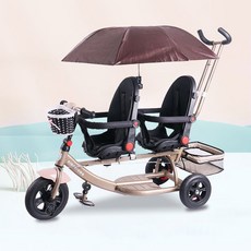 쌍둥이 자전거 세발 가림막 우산 보행기 유모카 2인용, 샴페인 골드 진공타이어 + 큰 우산