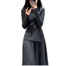 Makone 여성 가을 겨울 폴라 솔리드 데이트 패션 니트 롱 스커트 투피스