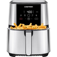 셰프맨 터보프라이 터치 에어프라이어 대형 5쿼트 패밀리 사이즈 원터치 디지털 컨트롤 프리셋 감자튀김 닭고기 육류 생선 논스틱 식기세척기 안전 부품 자동 차단 스테인리스 스틸, 5 Quarts, Stainless steel