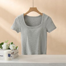 여름용 크롭탑 반팔 티셔츠 여성용 숏탑 개성 있는 스퀘어넥 가슴 패드 자외선 차단 이너웨어