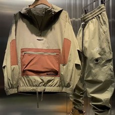 YLIE 男生套裝 秋季新款潮流拼色沖鋒衣輕奢運動休閒工裝兩件套