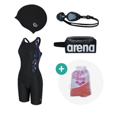 아레나 여성 실내 4부 수영복 세트상품_수경 수모 가방 수영복 고주파주머니 증정 A4FL1PL35 BLK