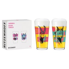 RITZENHOFF FARBKNALL 時尚圖騰啤酒/萬用對杯-共3款 玻璃杯, 1個, 山貓與羚羊(一組組2入)