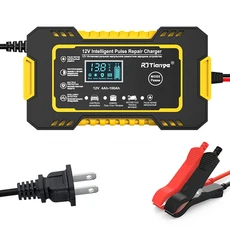 자동차 배터리 충전기 12V 펄스 수리 LCD 디스플레이 스마트 고속 충전 AGM 딥 사이클 젤 납산 오토바이, US Plug Yellow, 1) Yellow EU Plug