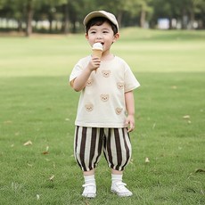 몽실이 곰장식 반팔상하복 아동 반팔 상하세트 유아 여름 상하복 키즈 트레이닝 상하복 스트라이프 데일리 키즈코디 키즈세트