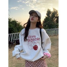 小蘭優購 櫻桃印花韓系上衣 - 新款女裝圓領寬鬆長袖加絨衛衣