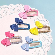 강아지핀 [문펫] 리본반짝이빗살핀 4색 핀대3.2cm (전체4.5cm) 똑핀 빗살삔 똑딱핀 빗살핀, 1개, 네이비