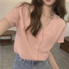 여성 여름 데이트 룩 브이넥 버튼 반팔 가디건 코디 조끼 용 오피스 여자 예쁜