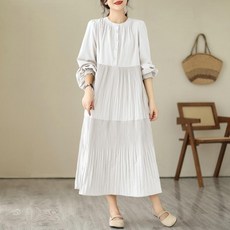 라운드넥 빅사이즈루즈핏 플리츠 퍼프소매 기계주름 캉캉, 오프화이트