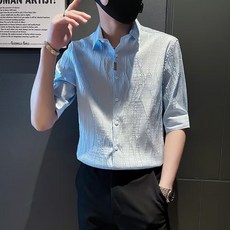 夏季冰絲短袖襯衫男士潮牌痞帥男裝感襯衣韓版修身七分袖寸衫