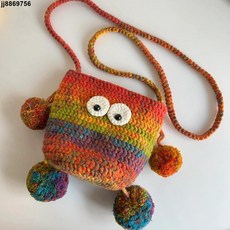 手工DIY小怪獸斜挎包手提包材料包 春日親子鉤織自製包, 彩虹色材料包+工具+教程,兒童版【約15*18cm】, 1個