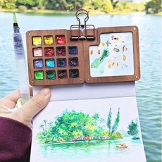까사루미 미니 팔레트 세트 [노트+붓+클립] 휴대용 수채화 물감 파레트, 1개, 우드 15칸 세트