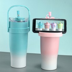 1.2L그러데이션 컬러 진공 스텐 냉온 텀블러 휴대용얼음컵 커피잔 자동차컵40oz+3D 입체 스티커, 그러데이션블루, 1200ml, 4개