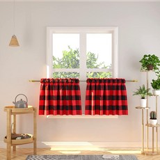 NATUS WEAVER 창문 밸런스 40.6cm(16인치) 길이 2패널 버팔로 격자무늬 깅엄 로드 포켓 짧은 작은 층 커튼 주방 카페 커튼 욕실 커튼 레드 & 화이트