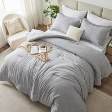코지럭스 퀸 침구 세트 3개 구성 연회색 부드럽고 고급스러운 캐티오닉 염색 사계절용 통기성 가볍고 푹신한 세트이불 1개와 베개 커버 2개 포함, Heathered Light Grey