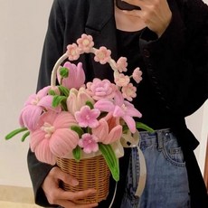 모루장식 해바라기 꽃바구니 입학식 웨딩 화동바구니 꽃만들기, 핑크 백합 릴리 완제품