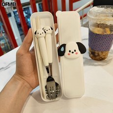 DFMEI 可愛卡通不鏽鋼學生戶外便攜餐具套裝, 勺-叉-筷-盒(流汗狗):如圖, 1個
