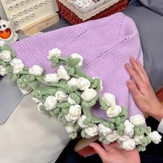 꽃다발담요 어버이날선물 뜨개꽃다발 뜨개 완성된 여친선물, 밀키화이트벨플라워+퍼플 50cm