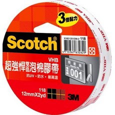 【文具通】3M Scotch VHB 超強悍 雙面 泡棉 膠帶 118 12MM 18MM 24MM x 2YD E10, 1個, 寬約 12MM x 2YD