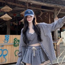 여성 체크 세트 오버핏 여름 크롭탑 셔츠 캉캉 스커트팬츠 휴양지 코디