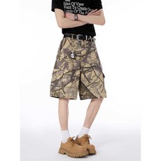 리프 카모 데님 워싱 스트레이트 하이웨스트 5부 팬츠