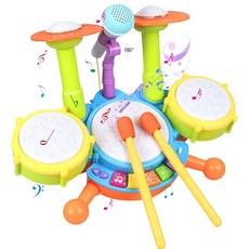 Azmio 드럼 세트 장난감 타이코 타악기 마이크 포함 볼륨 조절 가능 북 악기 체험, 1개, 상세페이지 참조