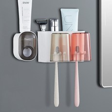 벽걸이 칫솔꽂이 욕실 가글컵 세트 가족용, 1세트, 입마개 2개 컵 2개 치약 튜브 디스펜서