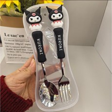 산리오 휴대용 아동 식기 투피스 학생 포크 스푼 세트, 1개, 2종, 블랙쿠로미