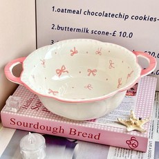 少女心蝴蝶結雙耳陶瓷大湯碗 家用大容量泡麵碗, 白色蝴蝶結,湯碗單個裝, 1個