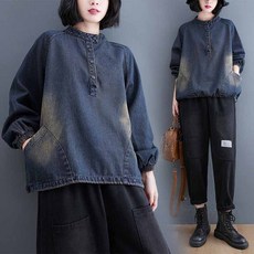 AOKADA 여성 헨리넥 청 맨투맨 루즈핏 빈티지 데님 남방